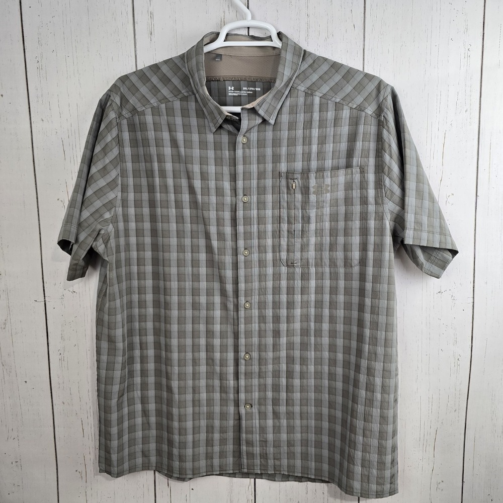 Under Armour Men's  2X Button Down Short Sleeve Blue Tan Check Vented‎ Shirt